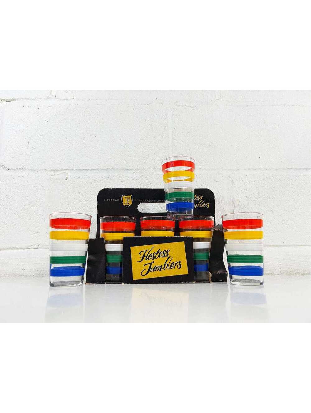 Vintage Rainbow Striped Glasses Set of 6 Federal Glass Hostess Deadstock 1950s